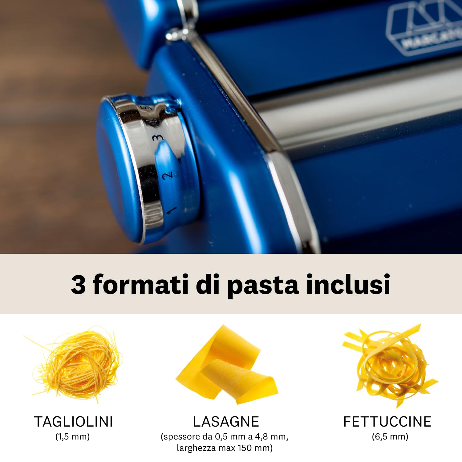 Marcato AT-150-BLU, Atlas 150 design, Macchina per pasta, Alluminio, Blu, Linea Premium.