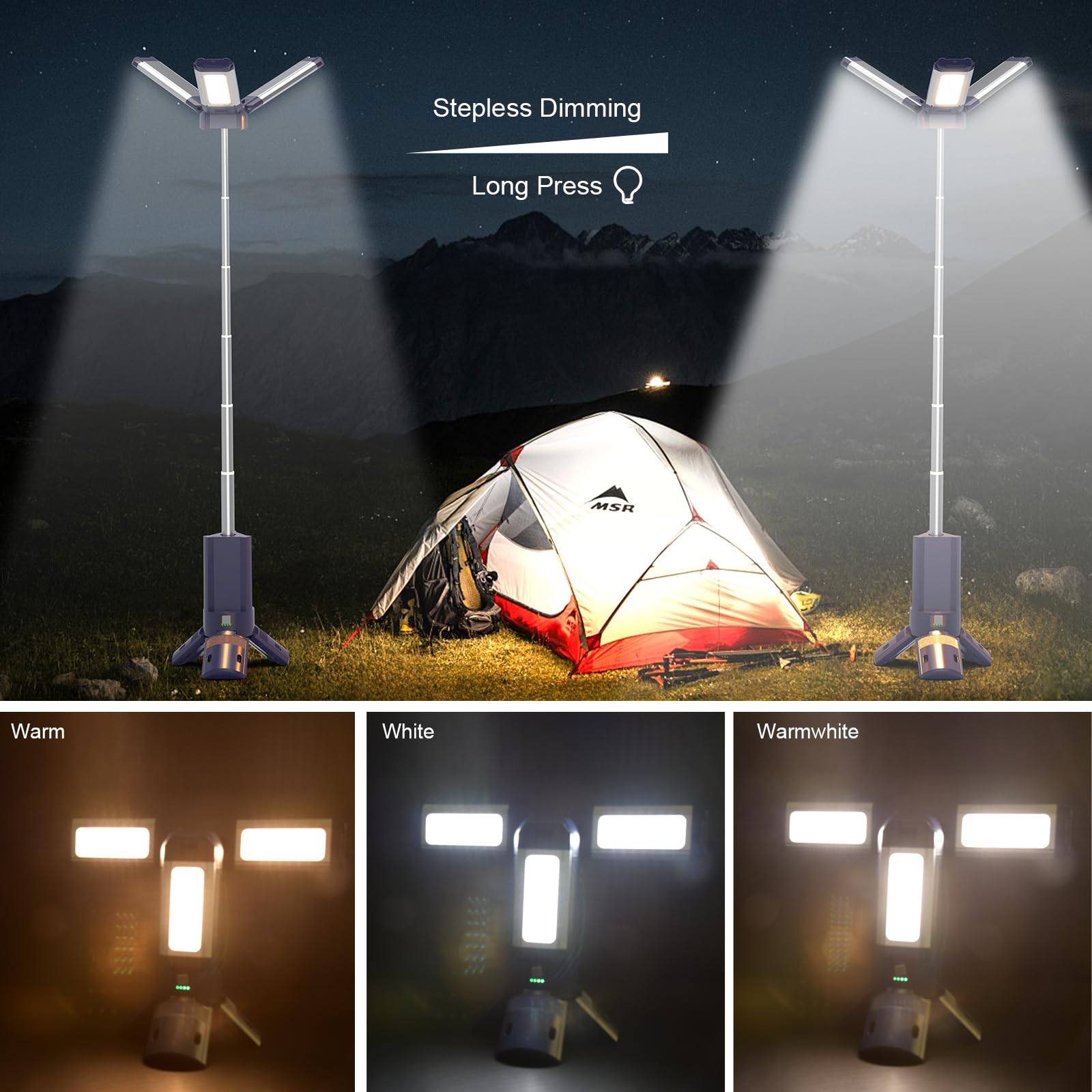 Lampada da Campeggio Telescopica Ricaricabile 10000 Mah, 4000Lm, Rotanti 270°, Telecomando, Impermeabile IP45, Caldo/Bianco/Naturale, Luce Campeggio Alluminio con Temperatura Colore Regolabile