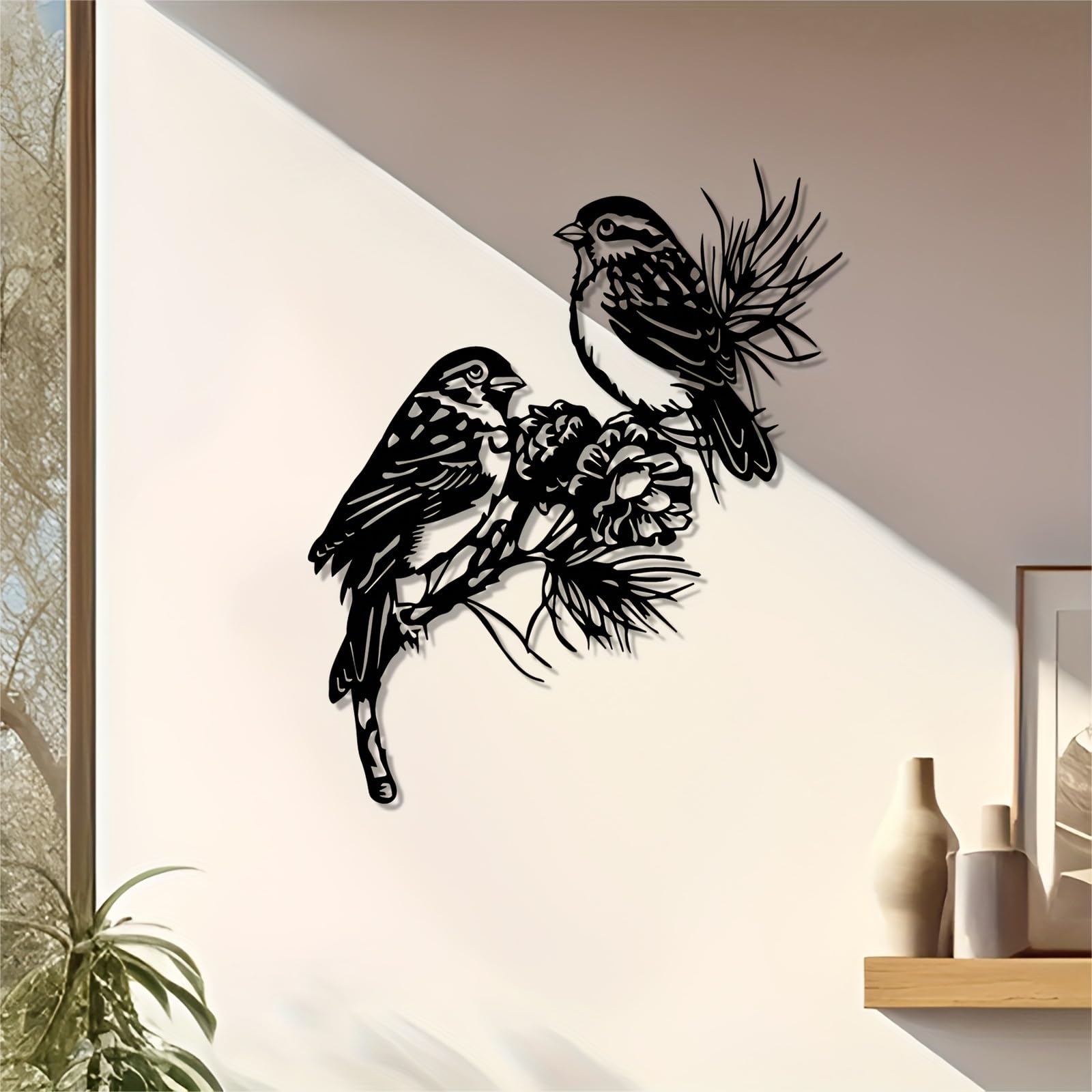 Decoración de pared abstracta contemporánea de metal con colibrí y flor de loto - Mural de estatua de hierro negro para interiores/exteriores, hogar, oficina, amantes de la naturaleza (30 cm/11,8
