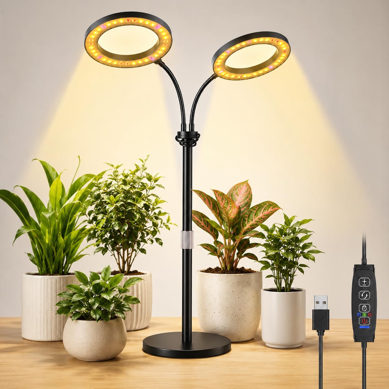 Hoofun Grow Lights for Indoor Plants: 6.3" Dual Large Heads Plant Light with Telescopic Stand, 144 LED Full Spectrum Desk Growing Lamp, 3/9/12H Auto Timer, 10 Dimmable Levels, Adjustable Height 22-29"