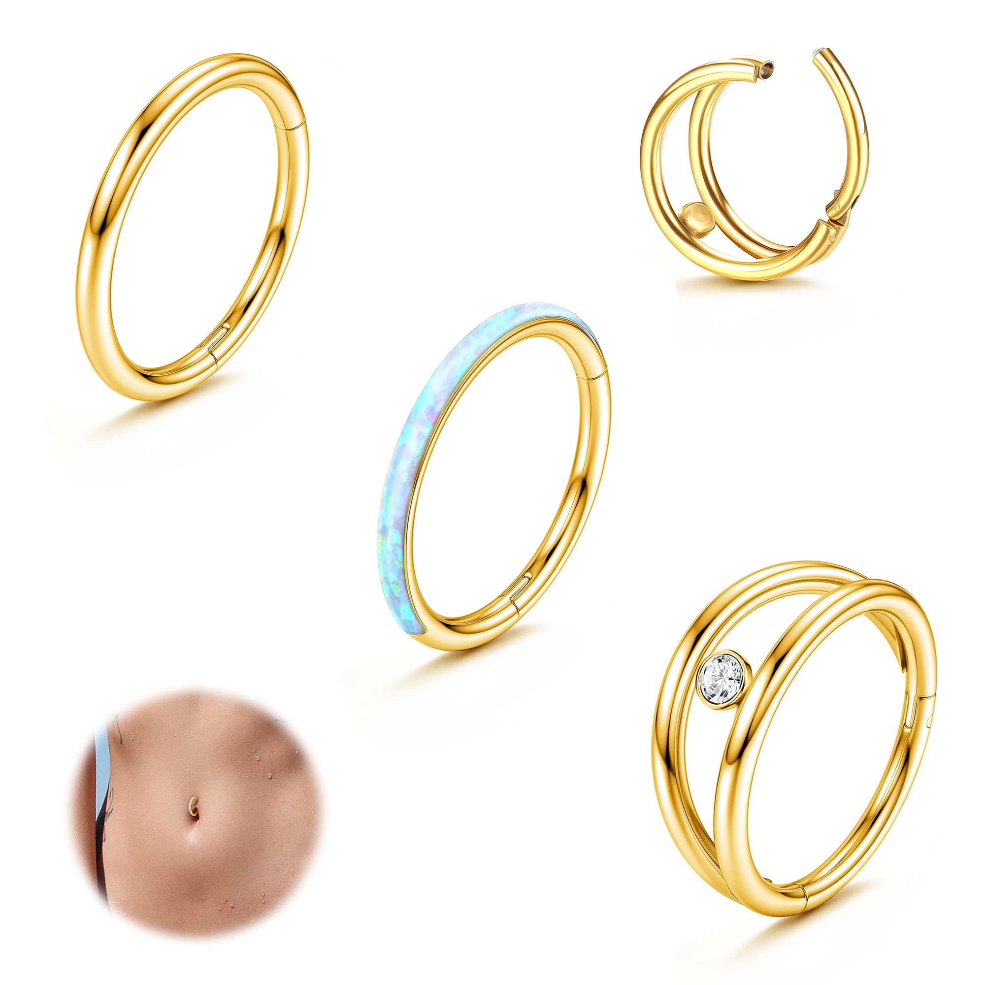 Adramata 3Pcs 14G 1.6MM Piercing Ombligo Acero Quirurgico Piercing Ombligo Aro Septum Piercing Hélice Cartílago Trago Oreja Piercing Plata Oro Hipoalergénica Corporal Piercing para Mujer