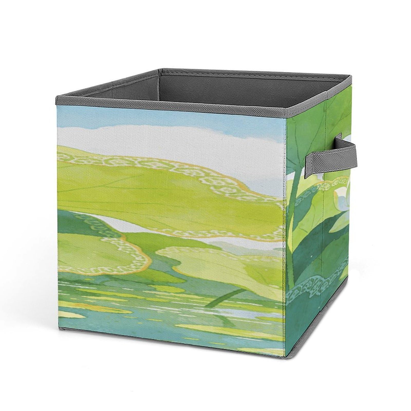 VstaDank Green Lotus Pond Storage Bin Collapsible Storage Cubes Organizer Oxford Cloth Storage Box with Dual Handles Large Stackable Closet Storage Bins for Sheets Hat Sweater