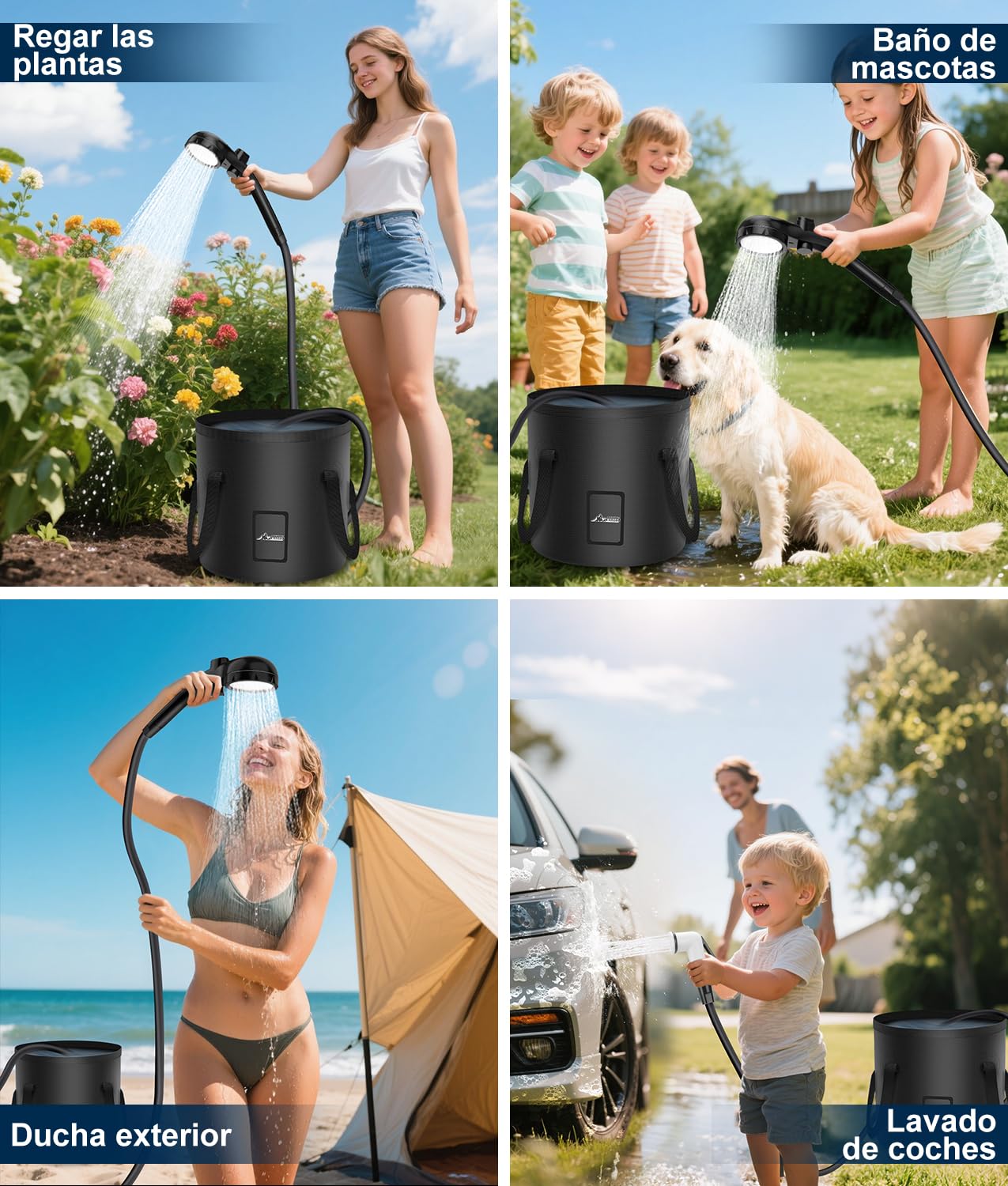 WADEO Ducha de Camping con batería, Bomba e iluminación, 120 Minutos de autonomía, Set de Ducha móvil con Manguera de 2 m y Cubo de Ducha para el jardín, Lavado de Coches, Mascotas, Playa y Viajes