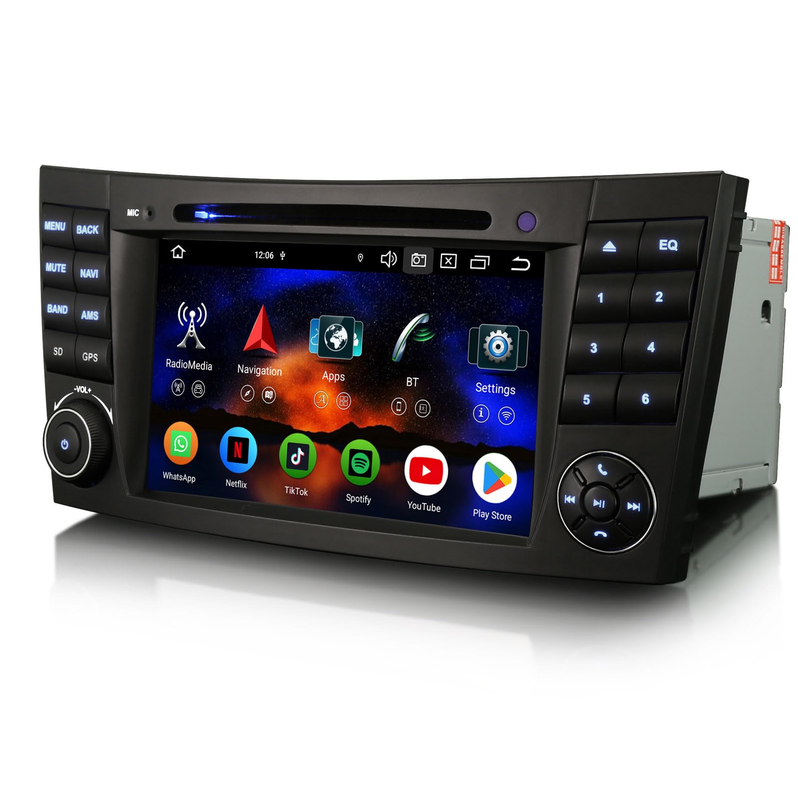 Erisin 7 Pulgadas Android 16 Radio Coche Pantalla para Mercedes Benz Clase E W211 CLS W219 GPS Navegación Bluetooth CarPlay Android Auto WiFi 4G DSP Dab+ CD Player Canbus 8 Núcleos 4GB RAM+64GB ROM