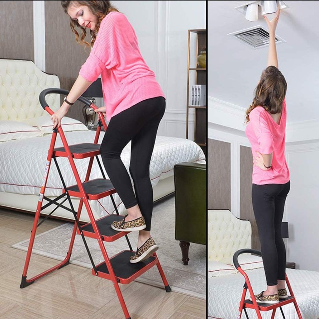 Portable Ladder Stool 3-Step stools Easy to Store Foldable Design Ideal for Home/Kitchen/Garage (Color: Red)