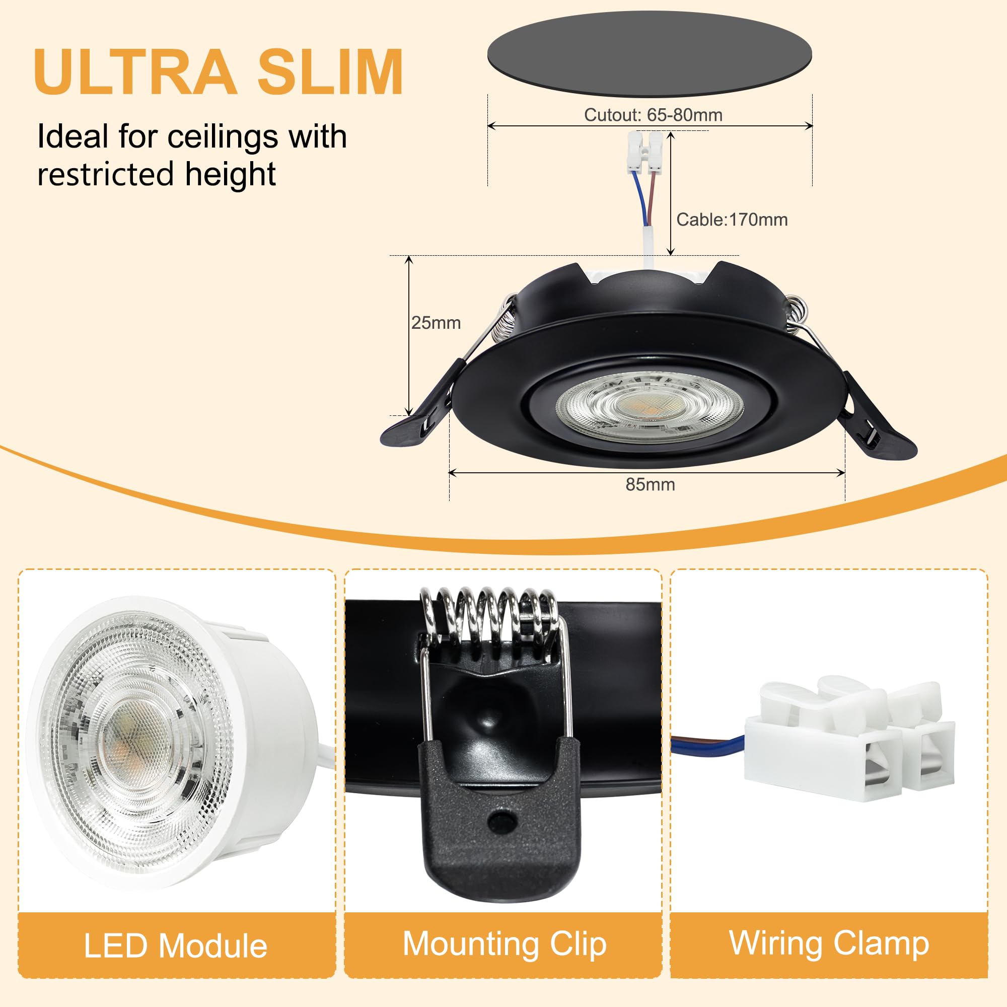 Spot LED Encastrable 230V Dimmable 68mm 5.5W IP44 45° Rotatif Extra Plat Spots de Plafond Blanc Chaud Blanc Neutre Blanc Froid Spot Salle de Bain, Noir Lot de 6