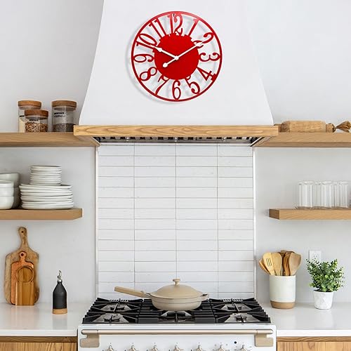 Miniatura 4 de Reloj de pared grande de 16 pulgadas para decoración de sala de estar, silencioso y moderno, funciona con pilas, reloj decorativo de metal rojo para