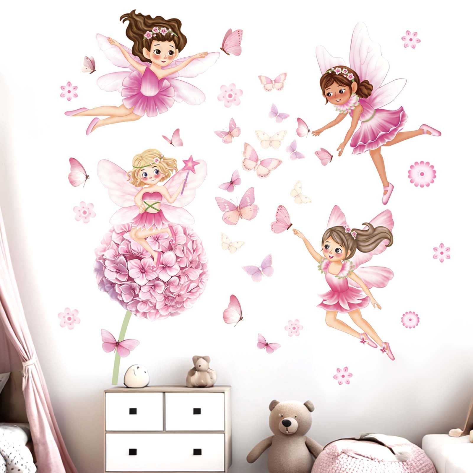 Fairy Flower Wall Stickers for Girls: Peel and Stick Pink Dandelion Floral Butterfly Wall Decals - Image 2