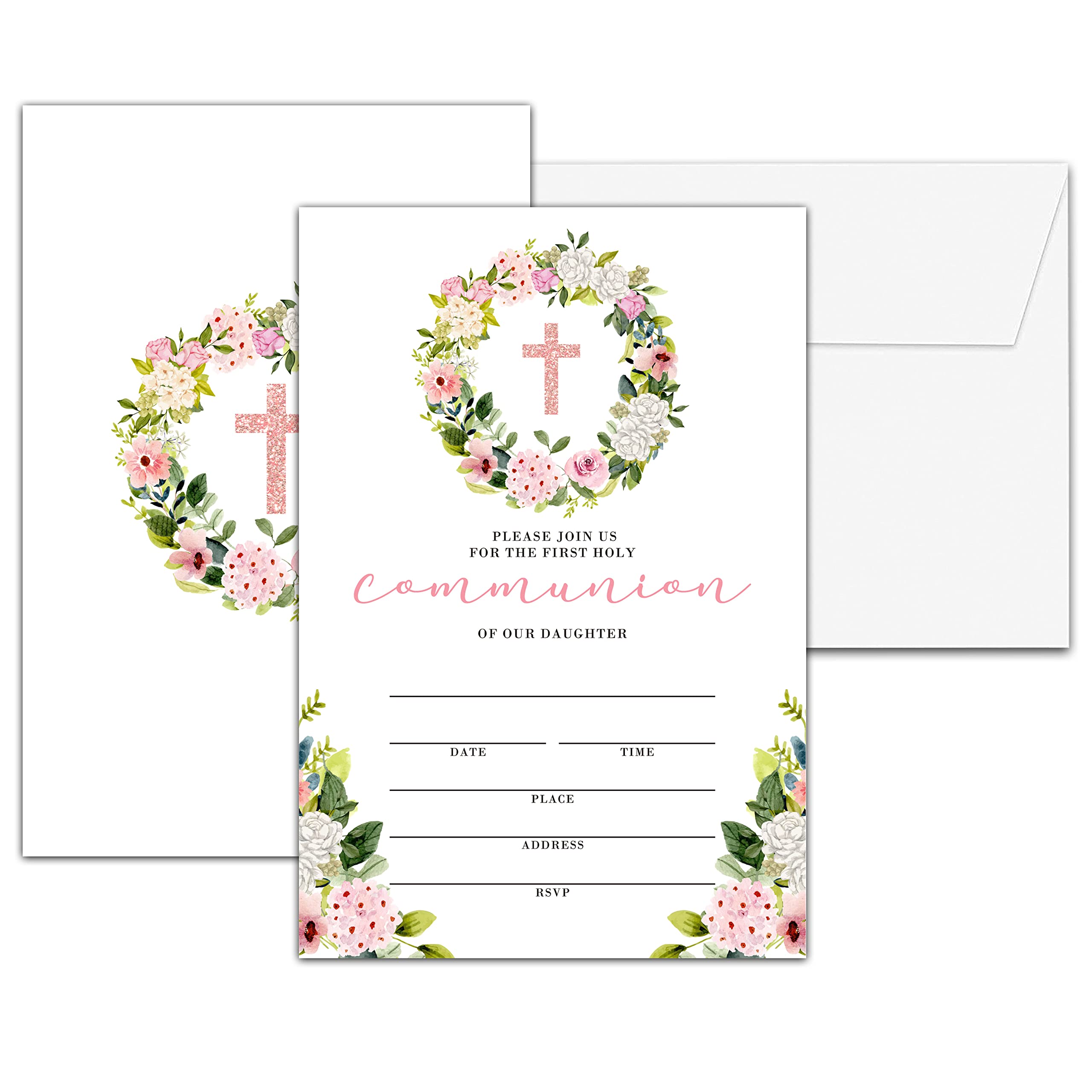 Boho Floral Baptism Invitations, Greenery First Holy Communion Religious Party Invitation, Christening Naming Ceremony, 25 Invitation Cards With 25