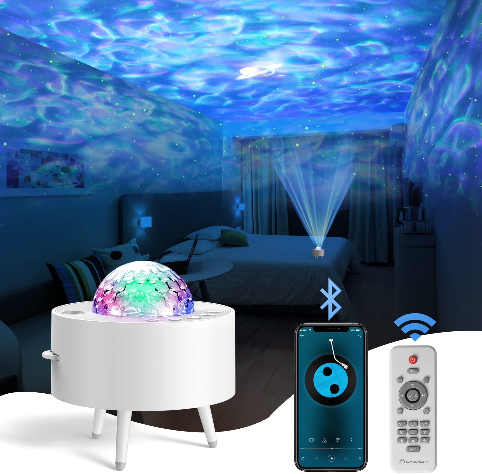 Ocean Wave Projector – Water Light Projector for Bedroom, Kids Room Decor – Ocean Galaxy Night Light with Speaker - Starry Light with 9 Planet, Star, Water Wave Effect