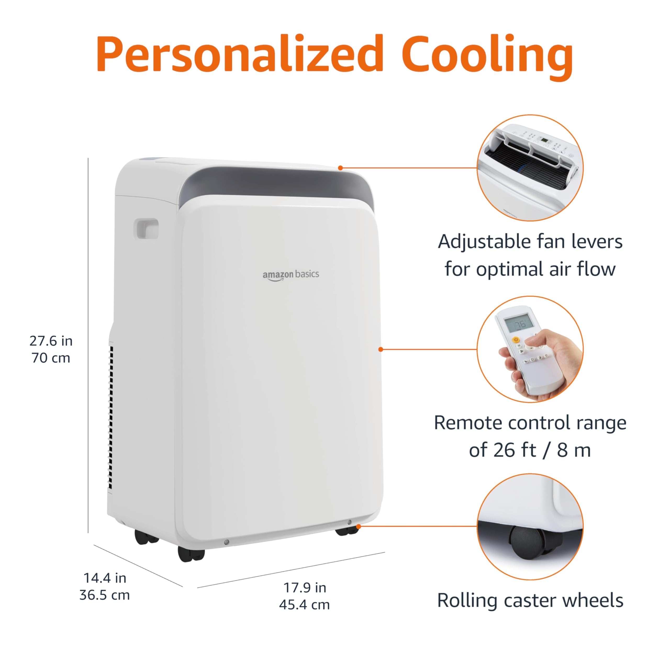 Condition photo showing New/Like New for amazon basics 3-in-1 portable air conditioner with remote, timer, sleep mode, auto swing, dehumidifier, 10000 btu (ashrae)/6000 btu (sacc), cools bedroom up to 450 sqf, white