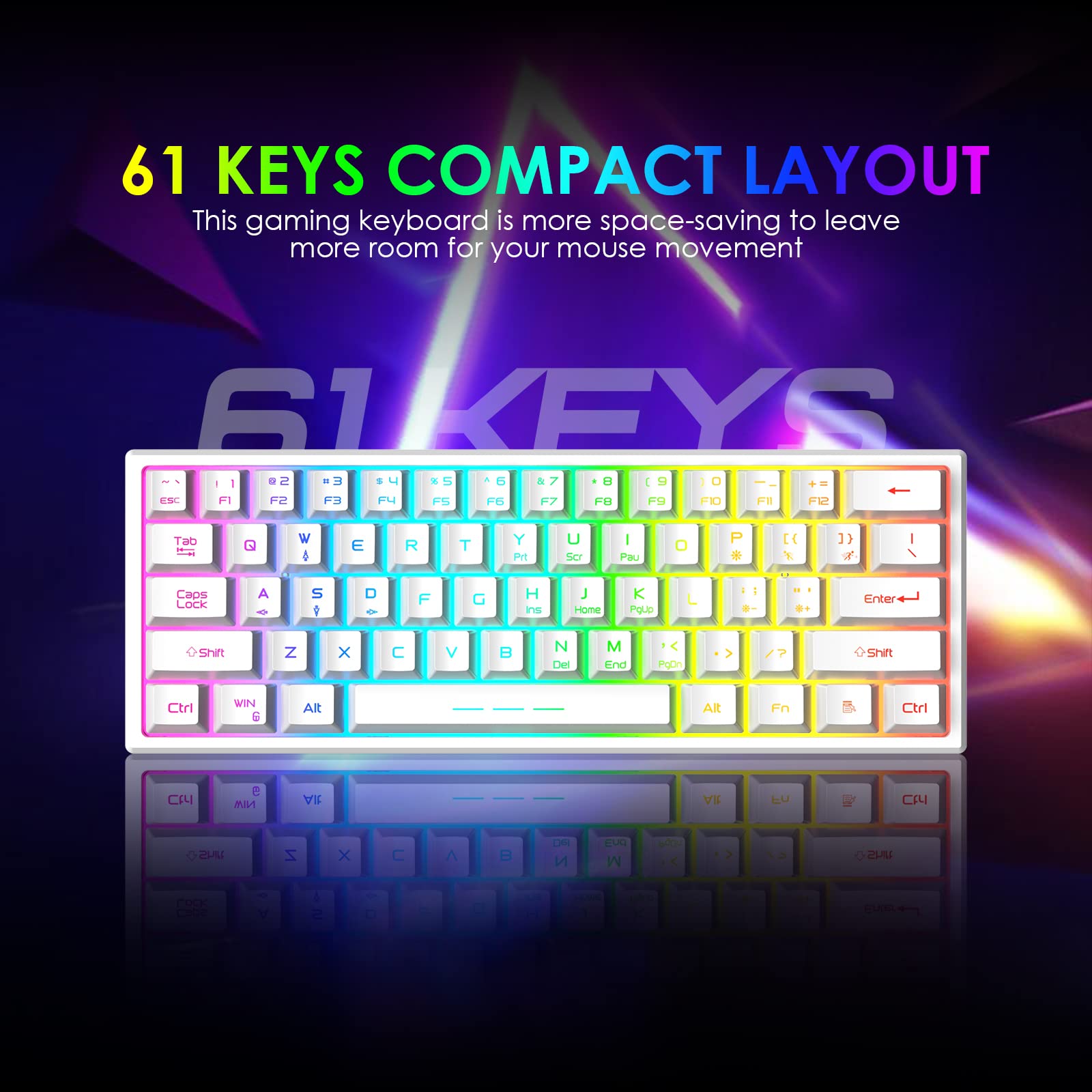 60% Kabellos Gaming Tastatur und Maus Combo Set 2,4 GHz Wiederaufladbare 3800 mAh 61 Tasten Kompakttastatur mit Rainbow LED Hintergrundbeleuchtung + 2400 DPI 6 Tasten Rainbow LED Silent Mouse (Weiß)