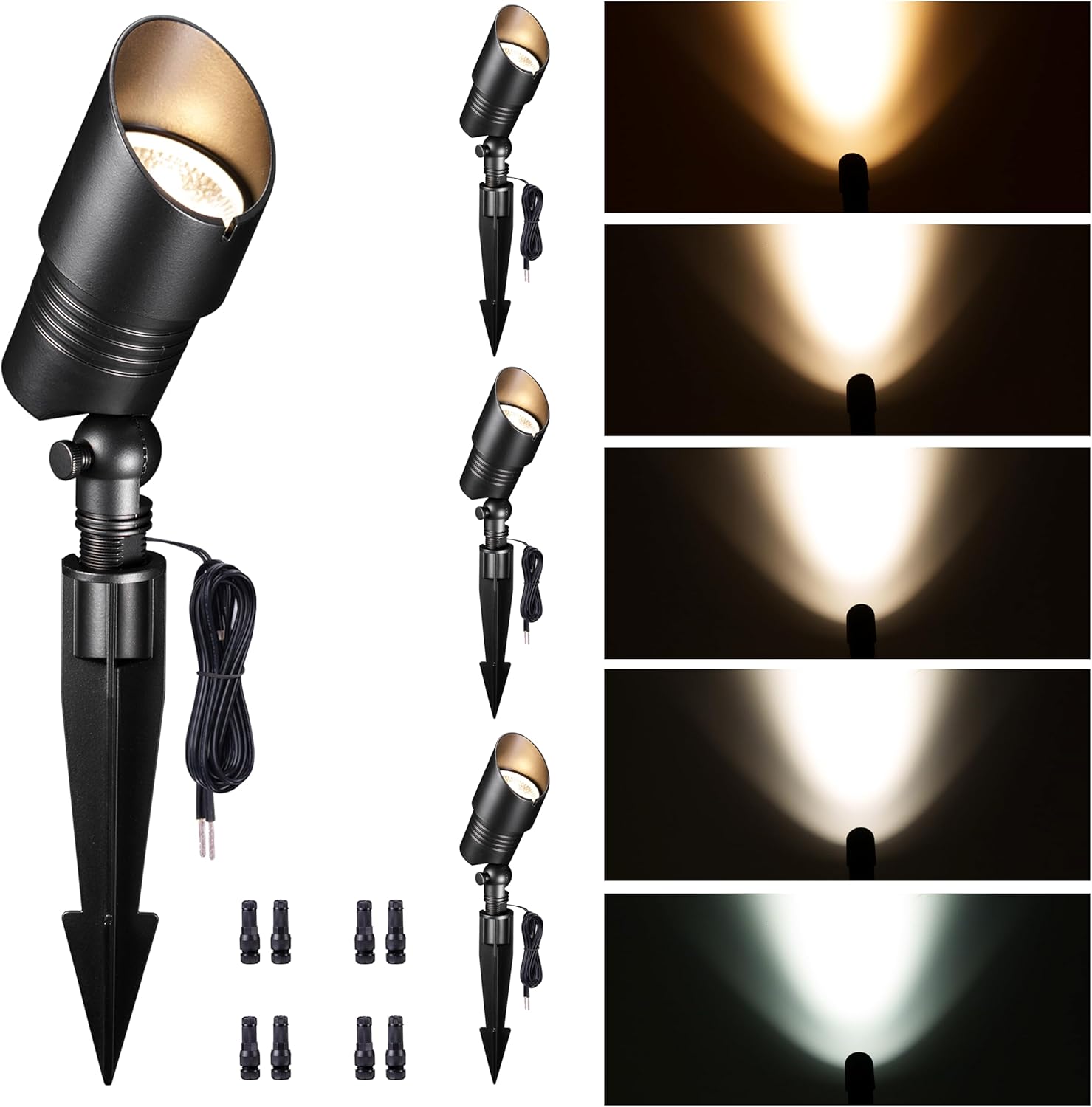 Landscape Spotlights Low Voltage - 2700K/3000K/3500K/4000K/5000K Selectable Uplights, 12V Wired LED Spot Lights Outdoor Waterproof, Aluminum Black for Outside Trees Wall 4 Pack