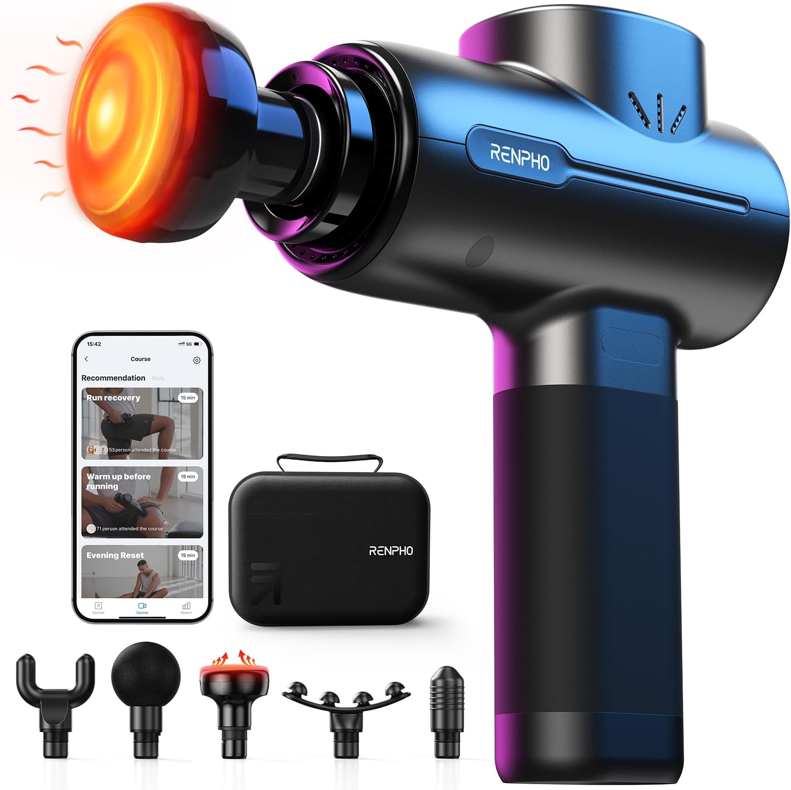 RENPHOMassage Gun with Heat, Portable Percussion Massager with Bluetooth for Back and Neck, Gifts for Men and Women, Carry Case, Active+ Thermal