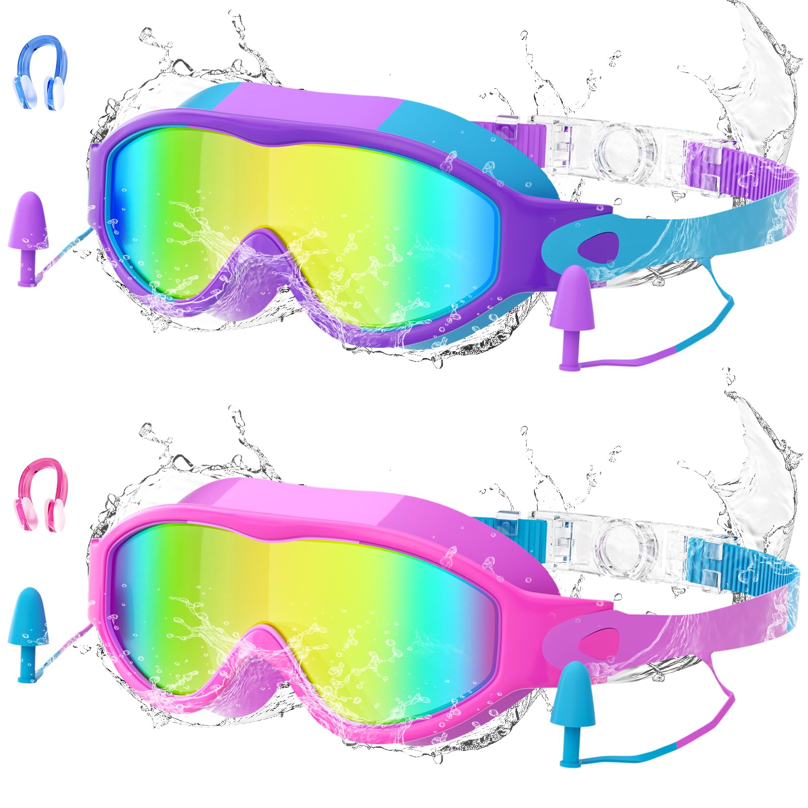 Lavlola Kids Swimming Goggles 6-14, 2 Pack Swim Goggles kids with Nose Clip & Earplugs Girls Swimming Goggles Anti Fog, No Leaking, Clear Wide Vision (Purple/Blue & Pink)