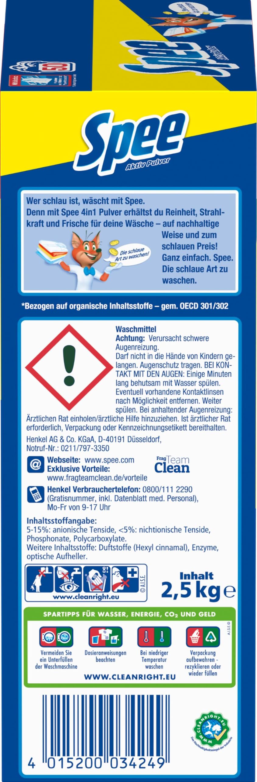 SPEE Aktiv Pulver Universal Vollwaschmittel 4 + 1 (50 Waschladungen), Waschpulver mit 4 + 1 Formel vereint Reinheit, Strahlkraft, Frische & Nachhaltigkeit, 20° - 95° C