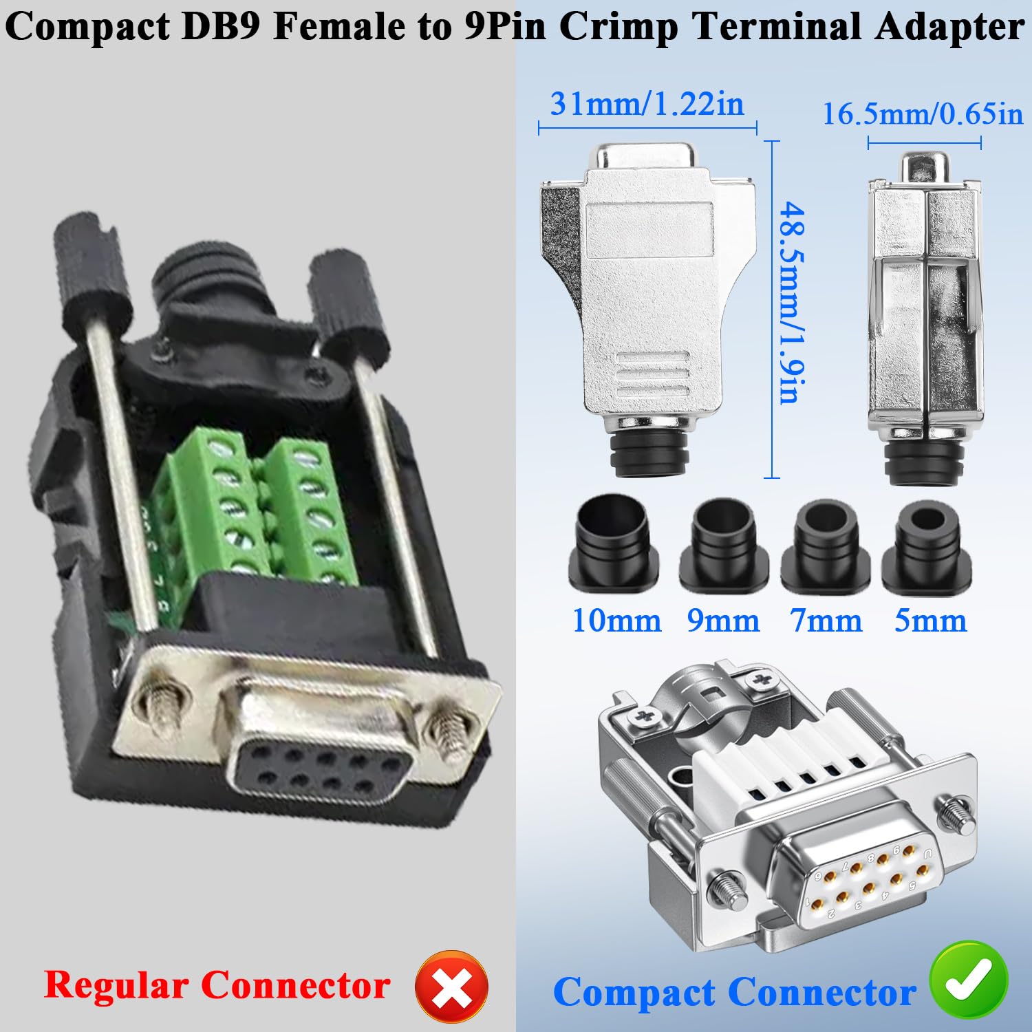 QIANRENON Adattatore seriale compatto DB9 senza saldatura, alloggiamento in metallo DB9 femmina crimp terminale connettore placcato oro D-SUB 9 pin senza saldatura, bullone anteriore laterale