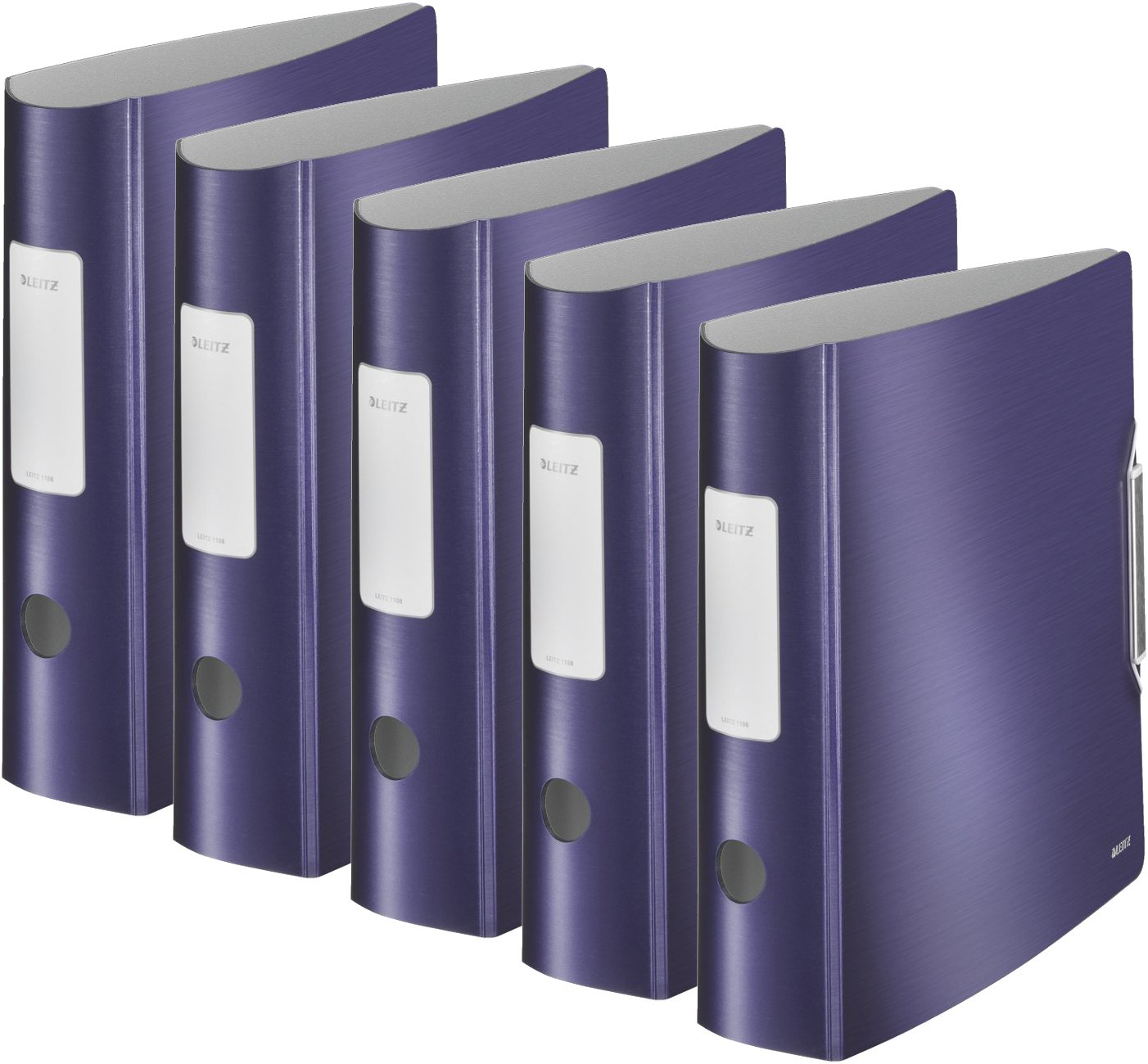 5x Leitz 11080069 Multifunktions-Ordner (A4, Runder Rücken 8,2 cm Breite, Gummibandverschluss, Gebürstete Alu-Optik, Kunststoff, Ergonomische Form, Active Style) titan blau (5er Set)