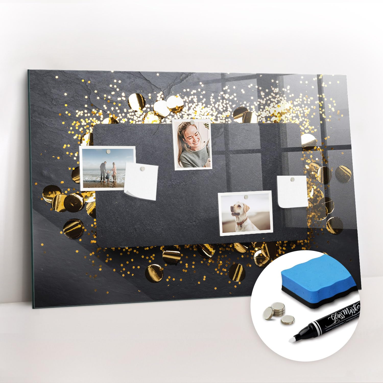 Glas-Magnetboard modern | Komplettset mit Neodym-Magneten, Marker & Schwamm | Glänzende, robuste Schreibfläche | Optimal für Büroorganisation & Meetingräume- 90x60 - Goldene Konfetti