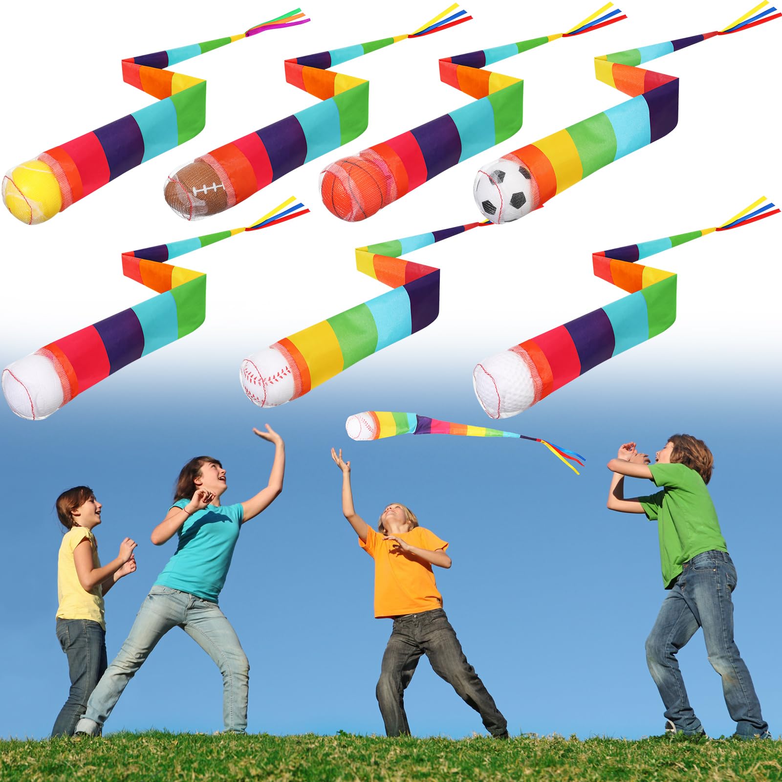 Leyndo 6 Pcs Throw and Catch Ball with Rainbow Tails, Sports Comet Balls Playground Toys Bulk for Indoor Outdoor for Boys Girls Throwing Activities School Sensory Training, 23.6'' Long