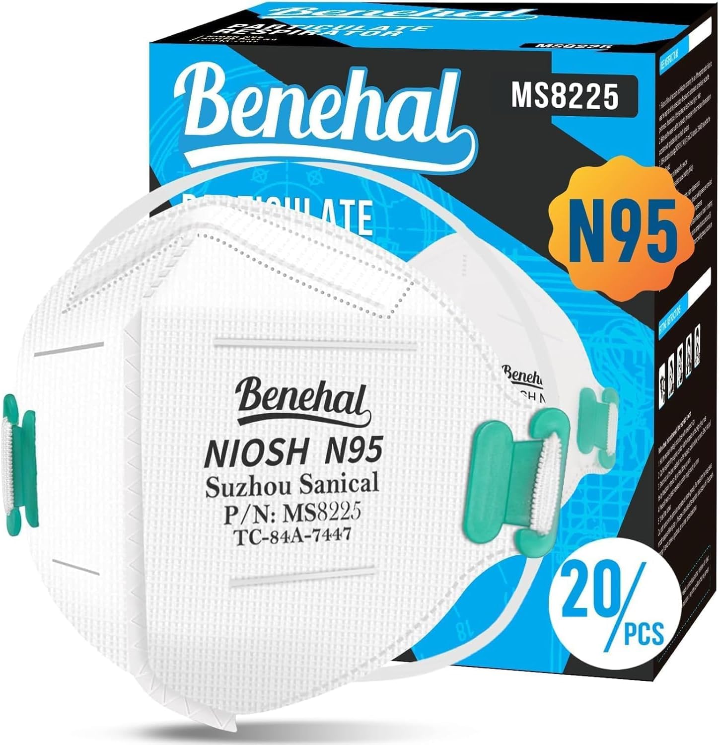 benehal N95 Masks for Adults, NIOSH Approved Disposable Mask, White 20-Pack | Adjustable Headstraps, Individually Wrapped, Adjustable Nose Clip, 5-Ply Particulate Respirators N95 Mask, Glasses-friendly