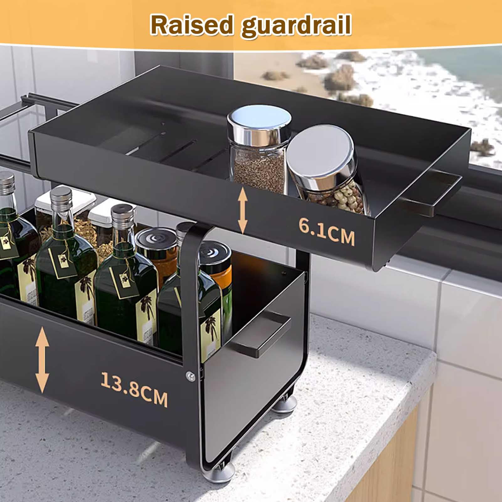 Cassetto estraibile a 2 ripiani con cestello scorrevole, contenitori in metallo per cucina e bagno, nero, soluzione salvaspazio per un facile accesso