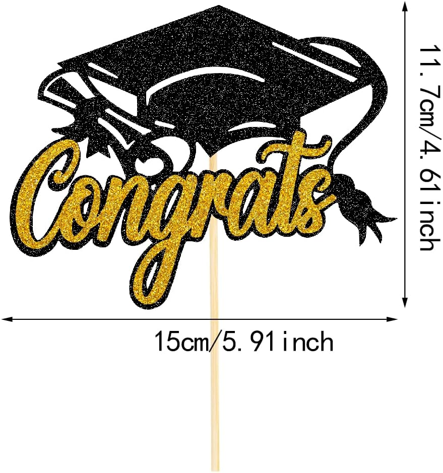 1 Pack Graduation Cake Topper 2026 Glitter Congrats Graduation Decorations Cake Pick for Senior High School College - Black Gold