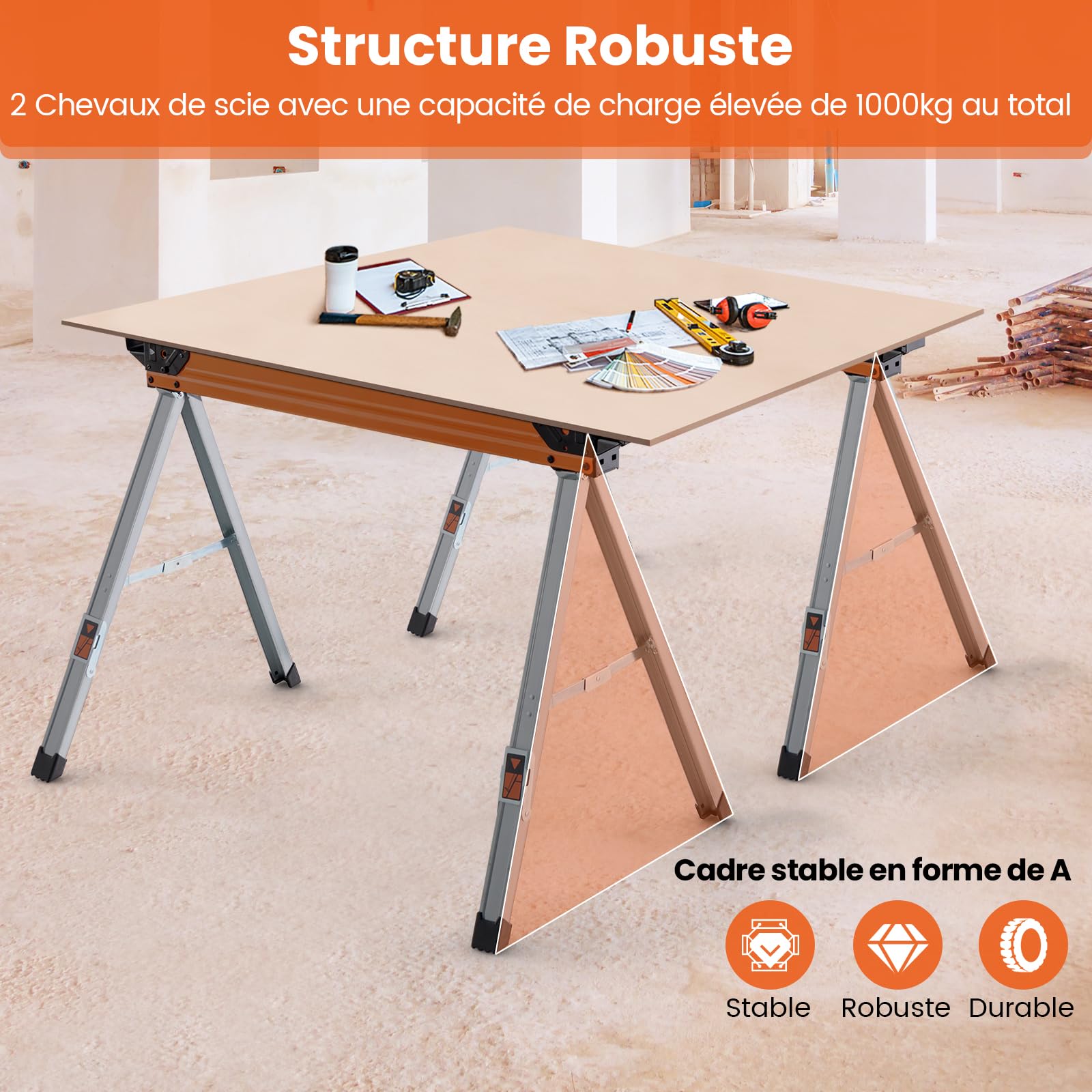 GYMAX Lot de 2 Tréteaux Portables et Pliables, avec Patins Antidérapants, Bras de Support, Chevilles Rabattables, Stucture Stable, pour Menuiserie/Travail de Bois