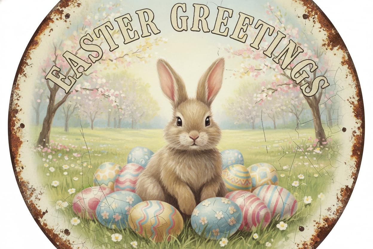 Easter Eggs Rabbit Round Tin Sign Vintage Wall Art for Home Bedroom Office 12x12inch