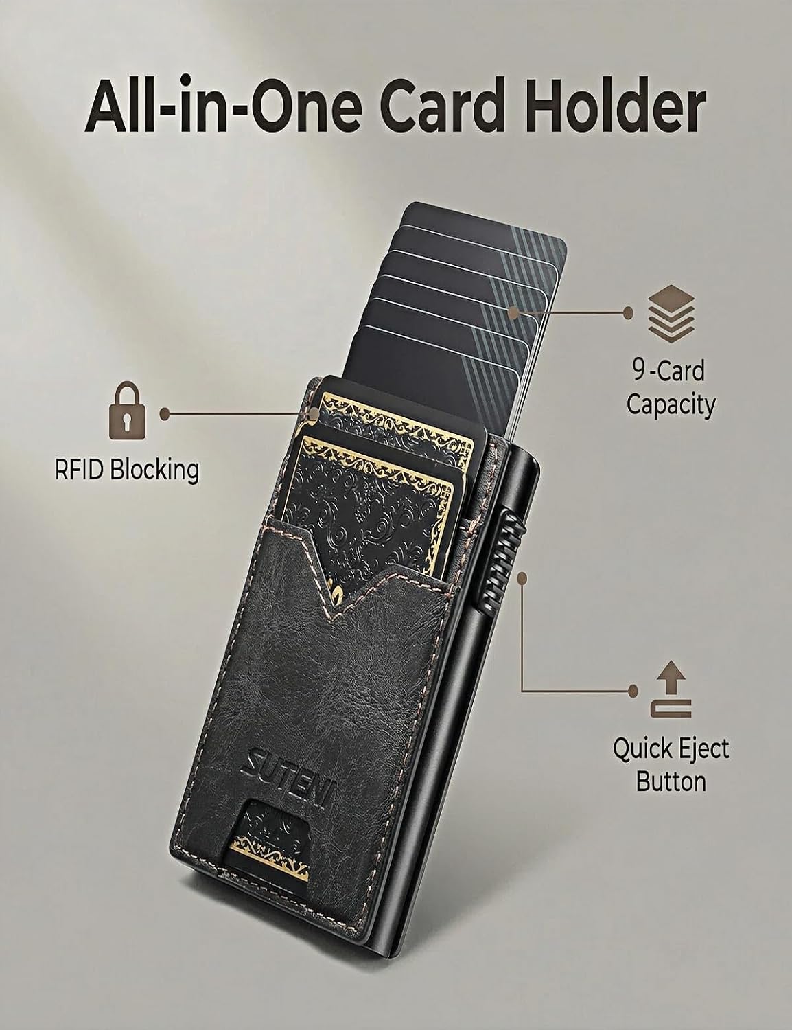Men's Slim Wallet, RFID Blocking Metal Card Holder, Pop Up Design, Minimalist Style, Holds 9 Cards (Black) image 5