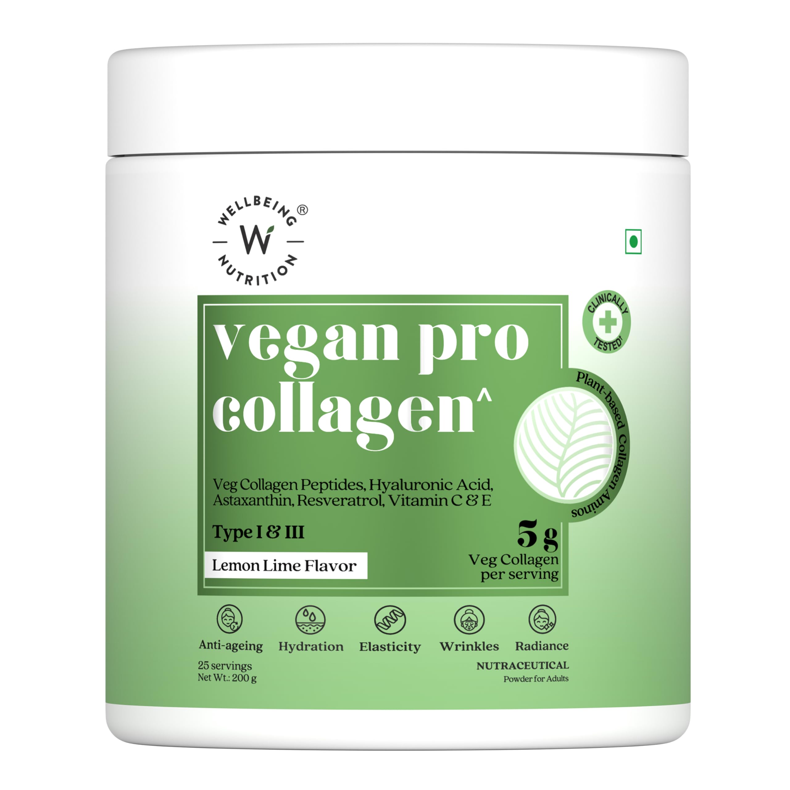 Wellbeing Nutrition Vegan Pro Collagen Peptides Supplement for Skin and Hair | 100% Plant Based 5 gms Collagen, Lemon Lime, 200 gms
