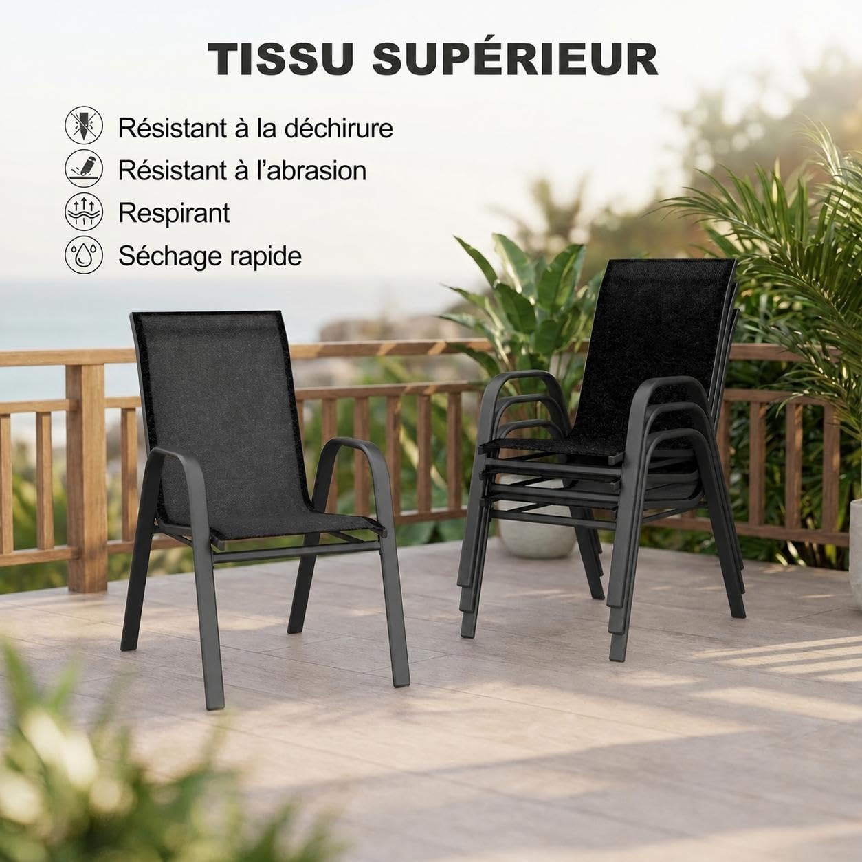 Lot de 4 chaises de Patio empilables avec accoudoirs - Noir