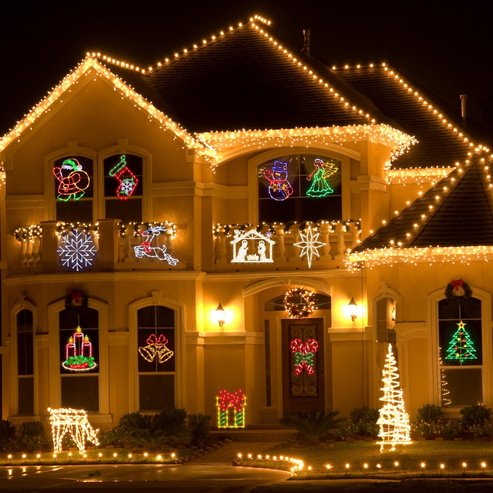 TRWYMZ 4 Stück Bunte LED Weihnachts-Fensterbeleuchtung mit EU-Stecker | LED Weihnachtsfiguren (Weihnachtsbaum, Rentier, Glocke, Weihnachtsmann) für Innen & Außen, Wand, Tür & Fenster