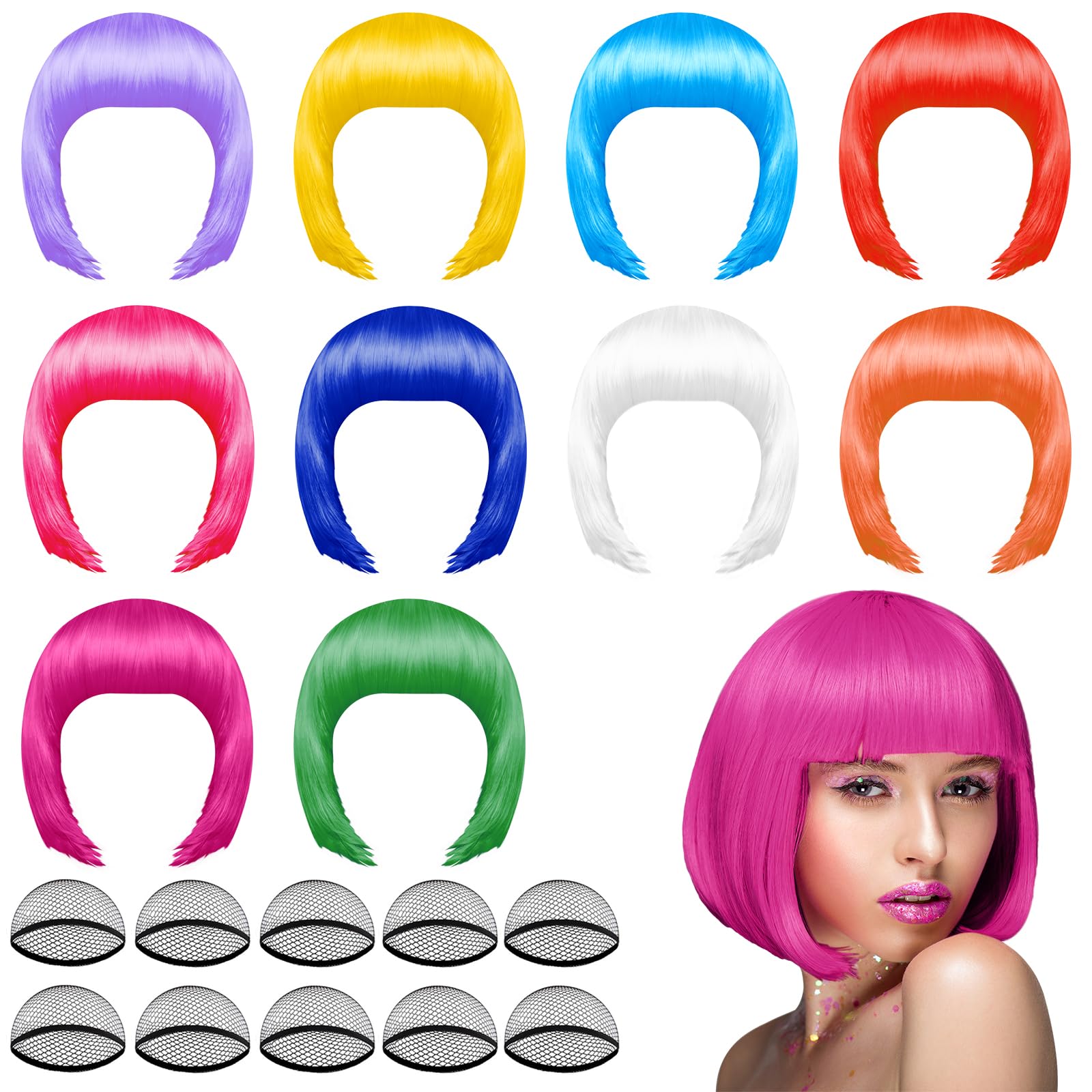 PLULON Party Perücken Sonnenbrillenset Neon Short Bob Perücke Sonnenbrillenpackung Kostüm Bunt Cosplay Perücke Tägliche Party Haarstücke Bachelorette Neon Party Gefälligkeiten Halloween Dekorationen