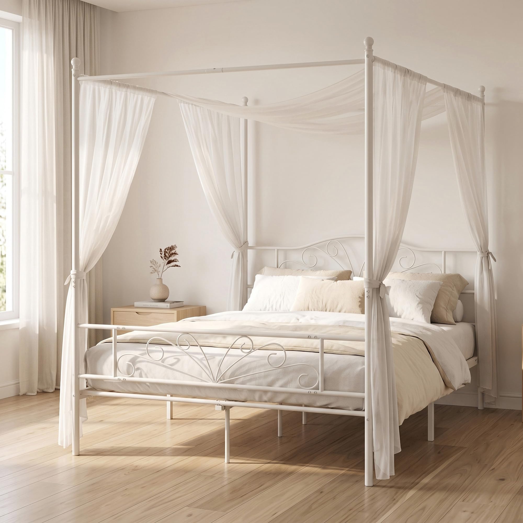 HOMCOM Canopy Bed Frame Double Size Metal Platform Bed Frame in White