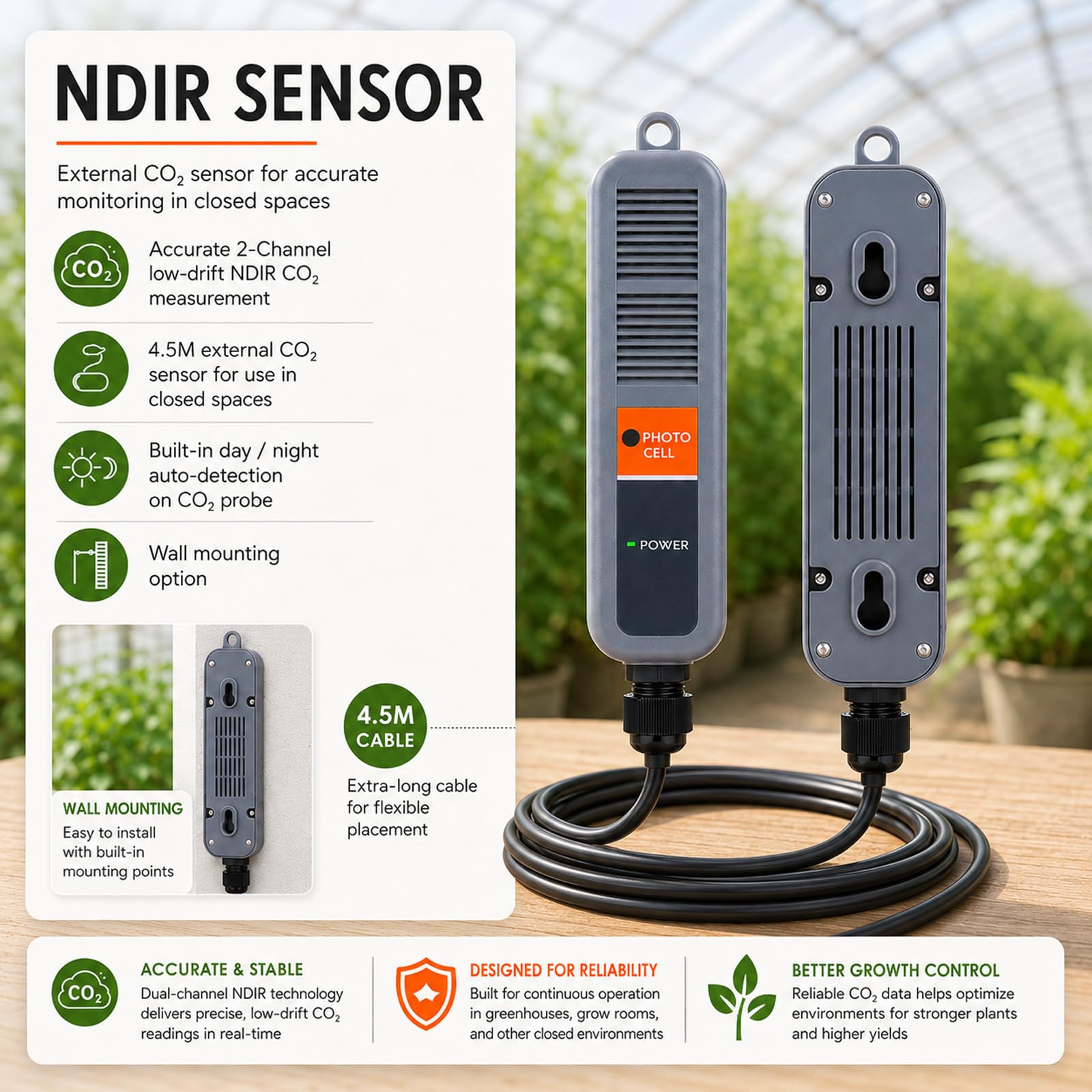 CO2-Controller Kohlendioxid-Controller CO2 Meter Monitor mit Relais-Funktion 4,5m Kabel NDIR Kohlendioxid-Sensor-Sonde für Grow-Raum, Pflanze, Grow-Zelt, Gewächshaus, Garten, Indoor