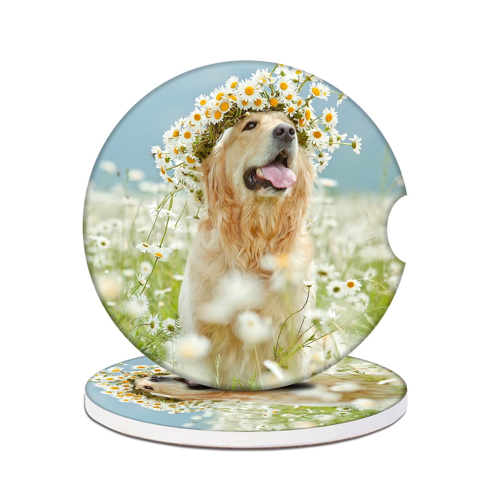 2 Pack Car Cup Holder Coasters - Dog Flower Absorbent Ceramic Coaster Car Coasters for Cup Holders Car