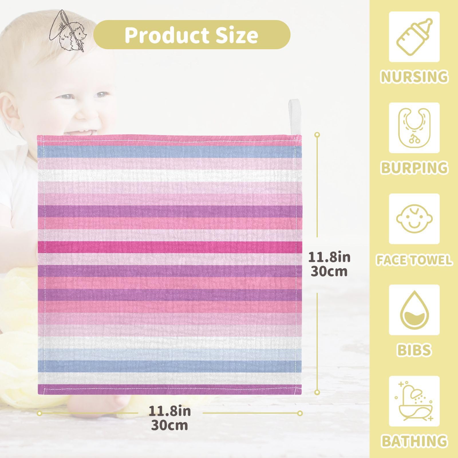 Kigai Colorful Stripes Baby Washcloths,5pcs Ultra Soft Absorbent Towel,Newborn Bath Face Towel, Natural Reusable Baby Wipes for Sensitive Skin, Baby Registry as Shower