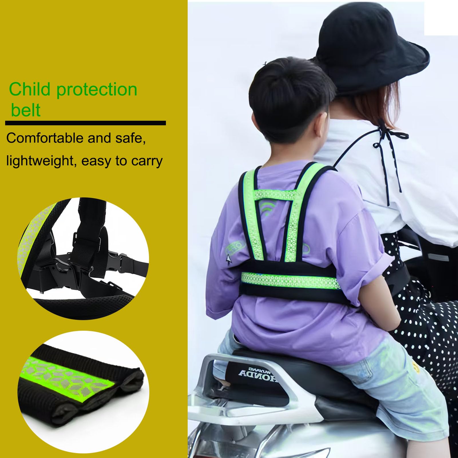 Ceinture de sécurité réglable pour moto pour enfant avec bandes réfléchissantes - Convient pour les enfants de 2 à 12 ans (vert et noir)