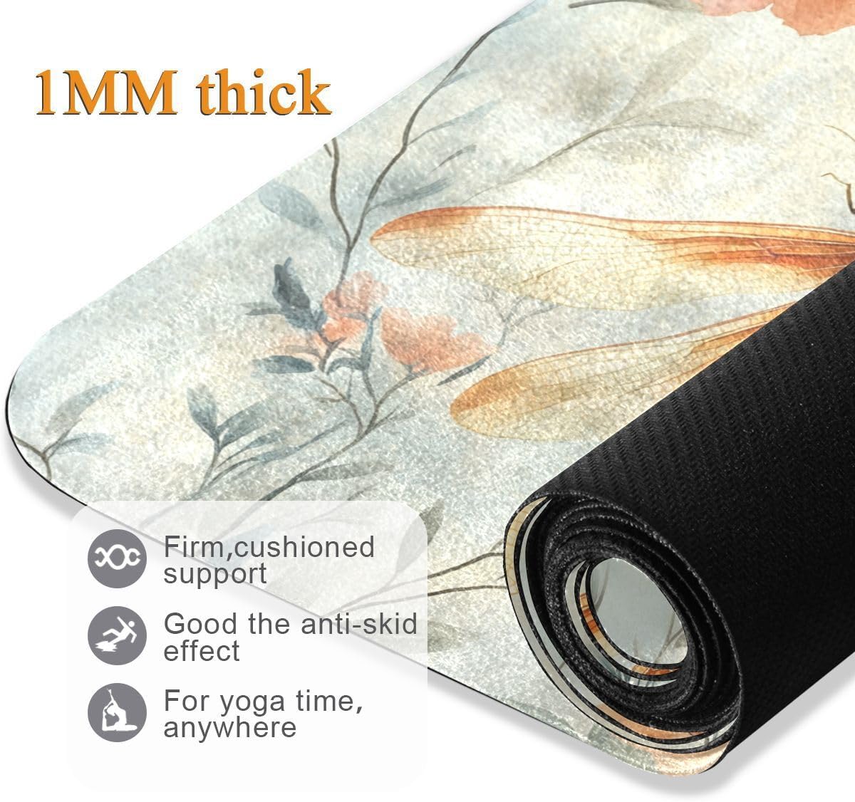 ALAZA Watercolr Dragonfly and Floral Yoga Mat Non Slip Fitness Exercise Mat, Workout Mat for Yoga, Pilates and Floor Exercises