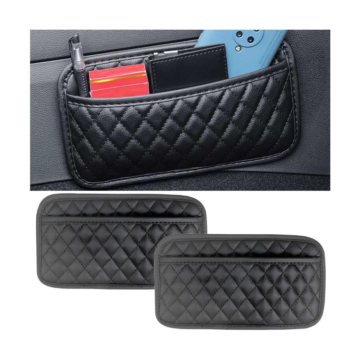 BELOMI 2PCS Car Side Pocket Organizer, Leather Vehicle Storage Pouch for Seat Door Console Window, Multifunctional Auto Seat Gap Filler Bag Accessories, Universal for Sedan, Truck and More