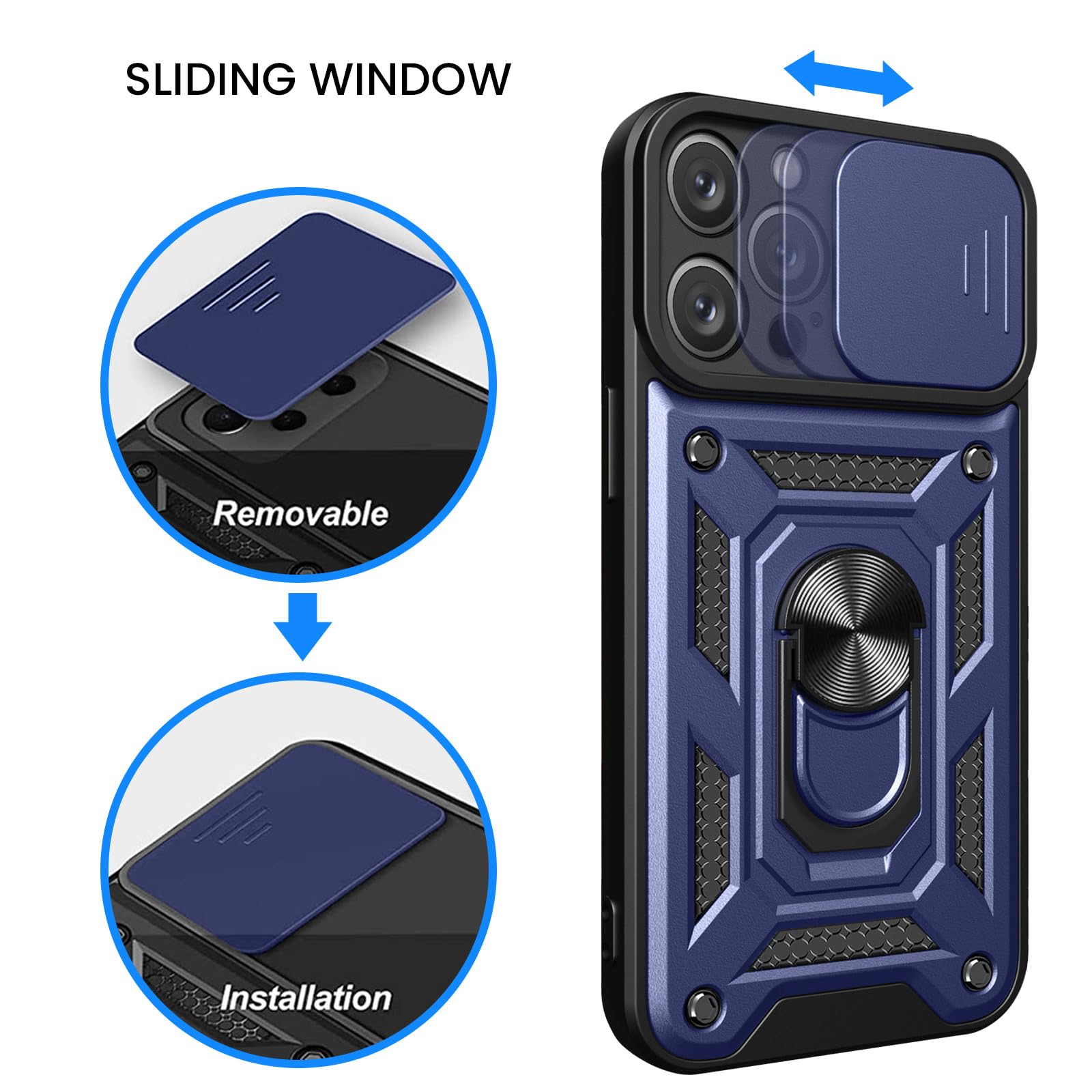 Custodia IPhone 15 Pro Con Protezione Fotocamera E Anello Metallico – Blu