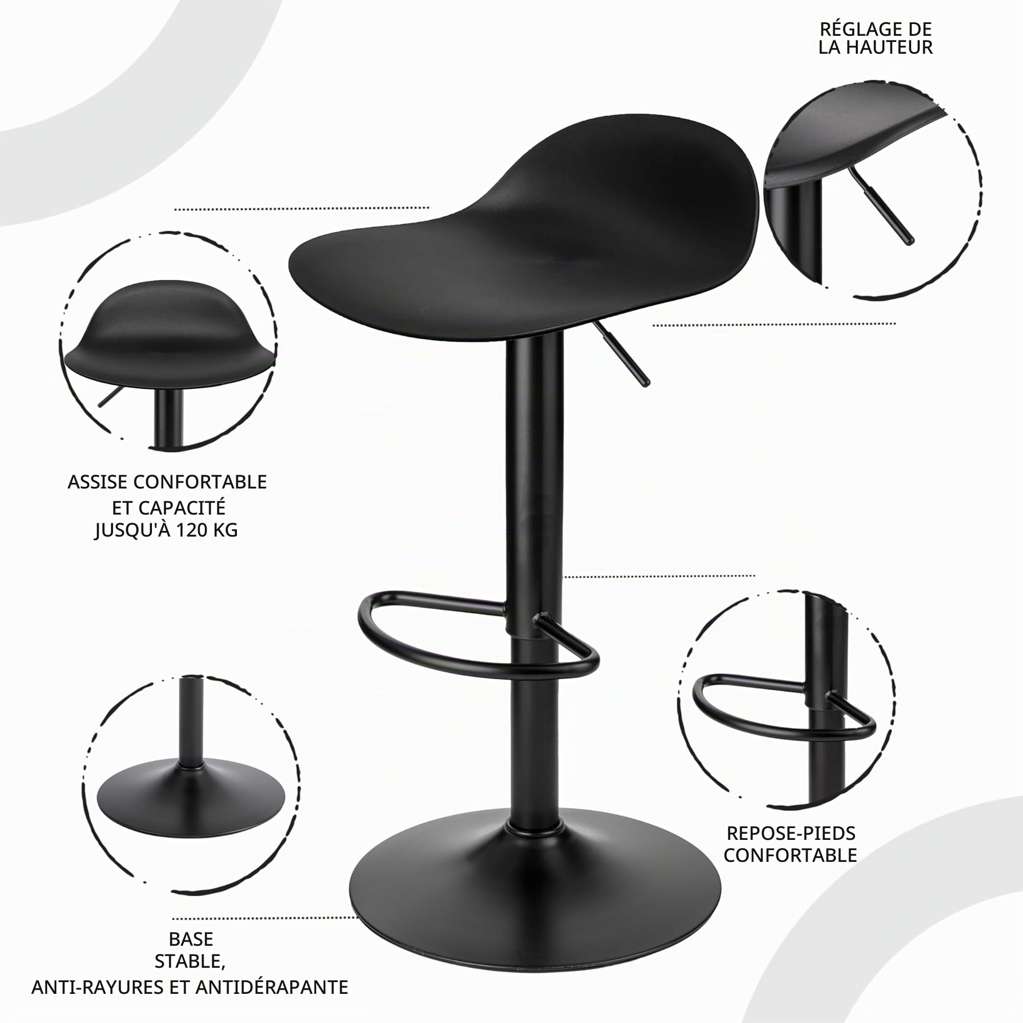 Baroni Home Tabouret de Bar Rotatif à 360°, Lot de 2 avec Hauteur réglable, Fond Anti-Rayures et Repose-Pieds, Cuisine, Restaurant, Bar, léger et Montage Facile, 41x40x64–86 cm, 2 pièces, Noir