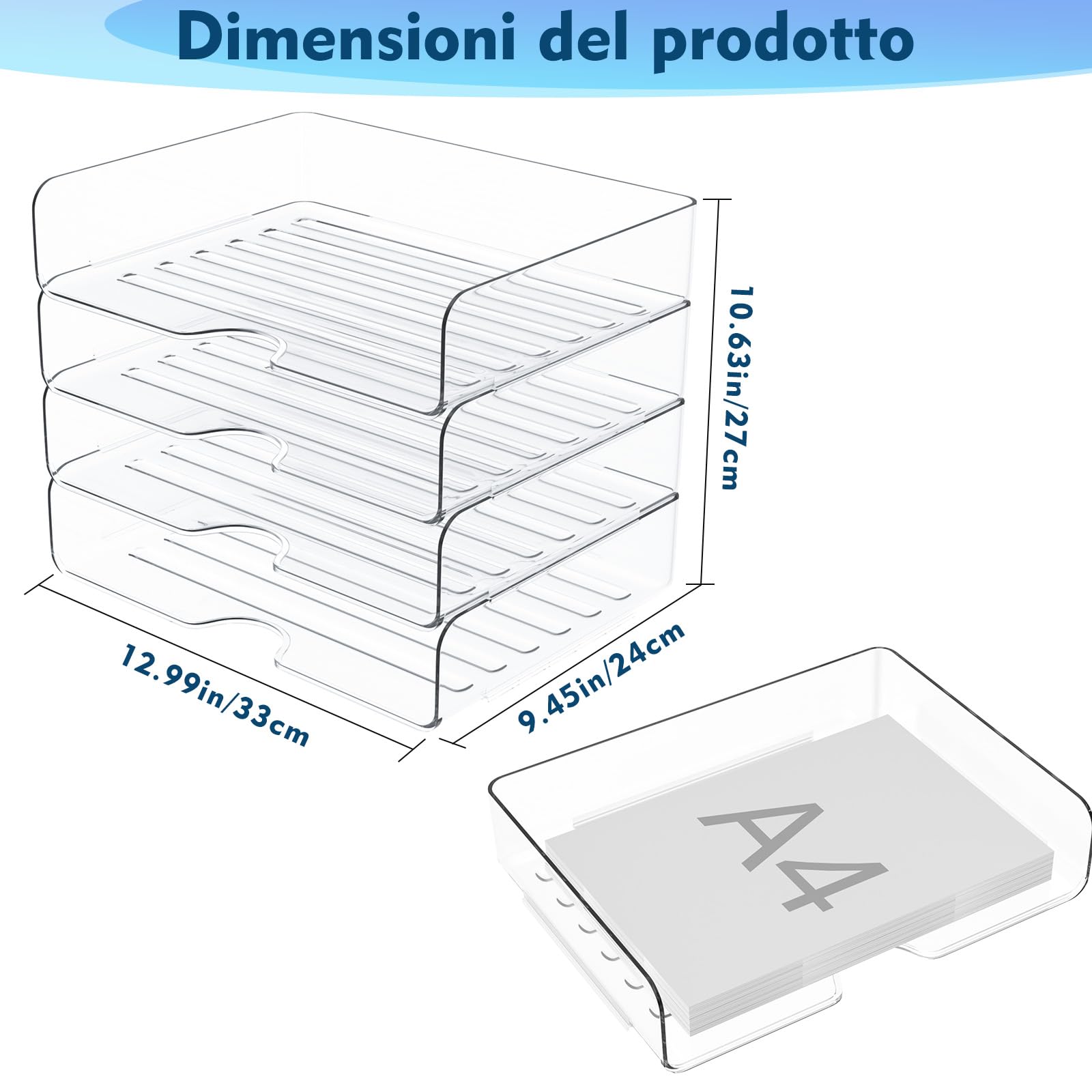 4 vassoi per lettere in acrilico di alta qualità, trasparenti, impilabili, mensole per documenti, formato A4