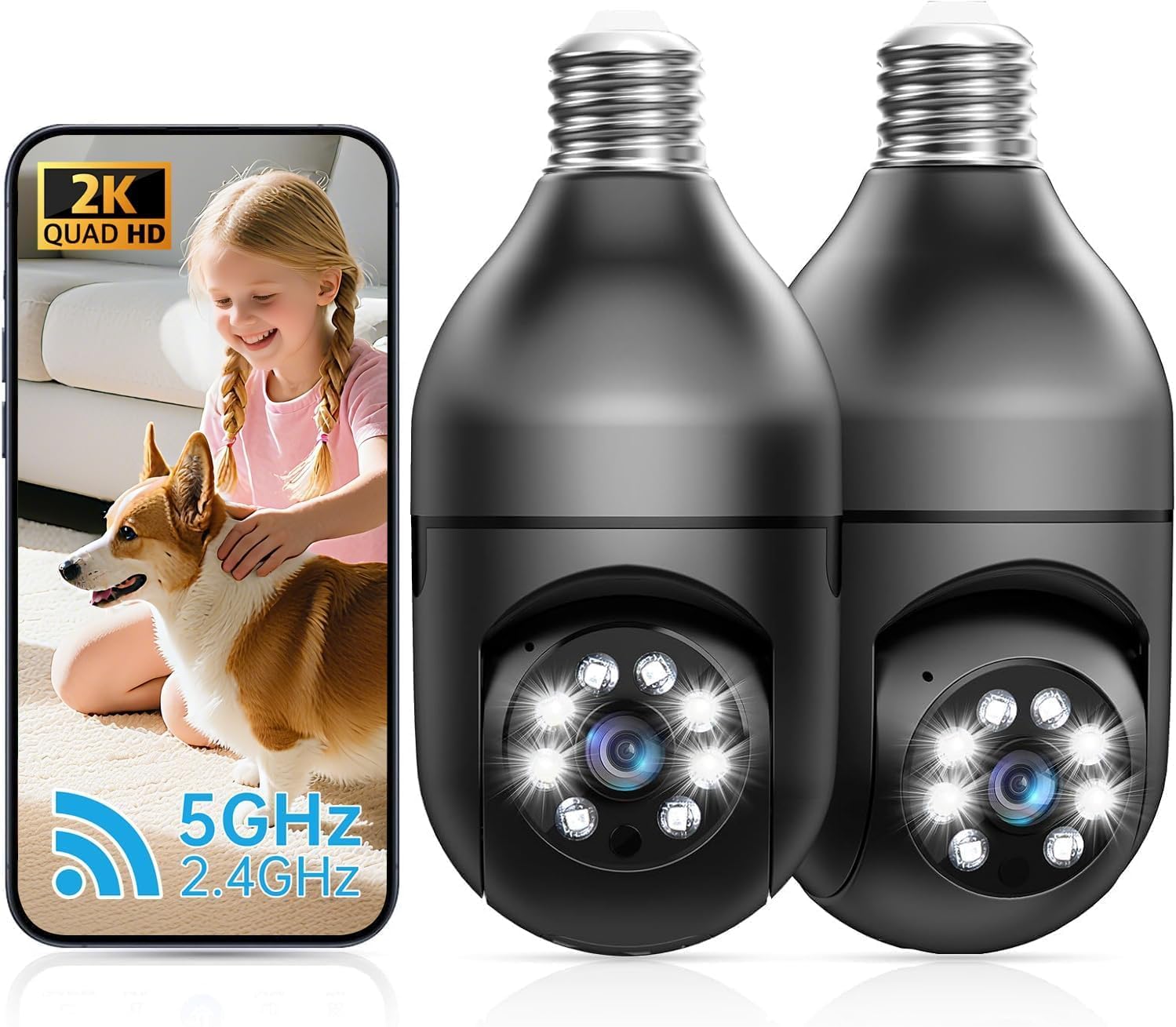 2K Light Bulb Security Camera Outdoor 2 Pack - 5G& 2.4GHz Wireless Motion Detection Cameras for Home Security,Two Way Talk,Full Color Night Vision, Audible Alarm, Easy Installation (BlackTwoCAM)