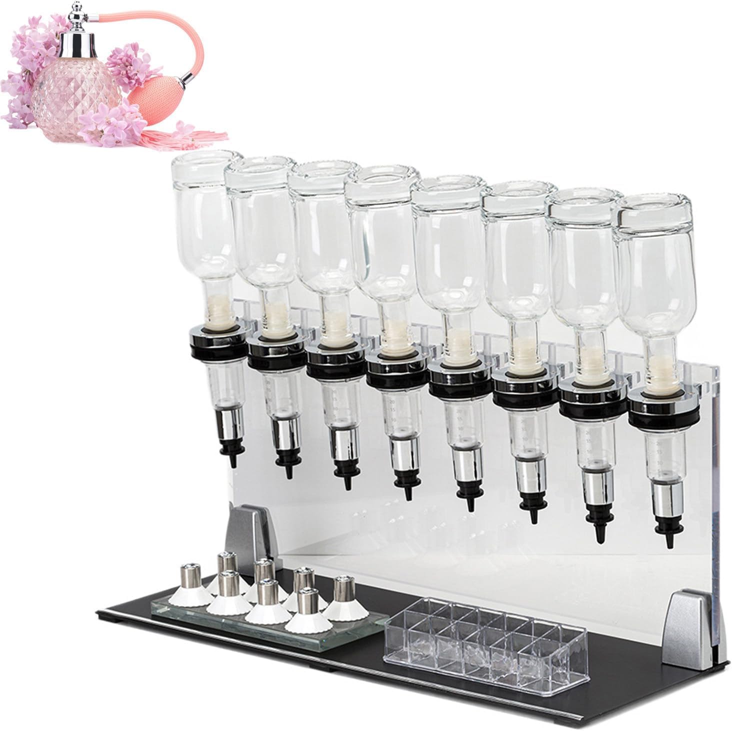 Manuelle Parfümdispenser-Pumpstation, 12-Flaschen Parfümbar mit 200ml Glasflaschen, einstellbare Dosierung, kompaktes Desktop-Testergestell für Boutique, Einzelhandel, Salon & Gastronomie