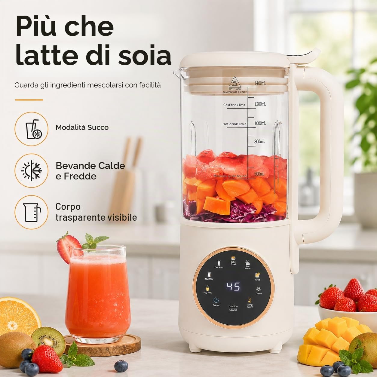 Macchina per latte di soia 1,4 l Macchina per il latte vegetale automatica con schermo tattile a LED e maniglia, base stabile, per acqua bollente, succo, latte d'avena, latte di noci, latte di soia