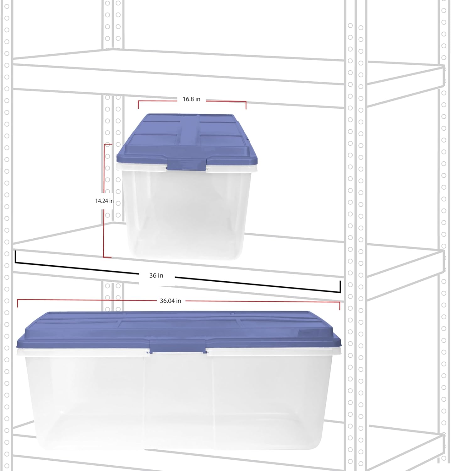 2 Pack 113 Quart Clear Plastic Storage Bins, Stackable with Locking Latches & Smoke Blue Lid, Dust-Resistant Organizer for Garage, Home, Office, Attic, Store Seasonal Decor, Tools, Crafts, Blankets