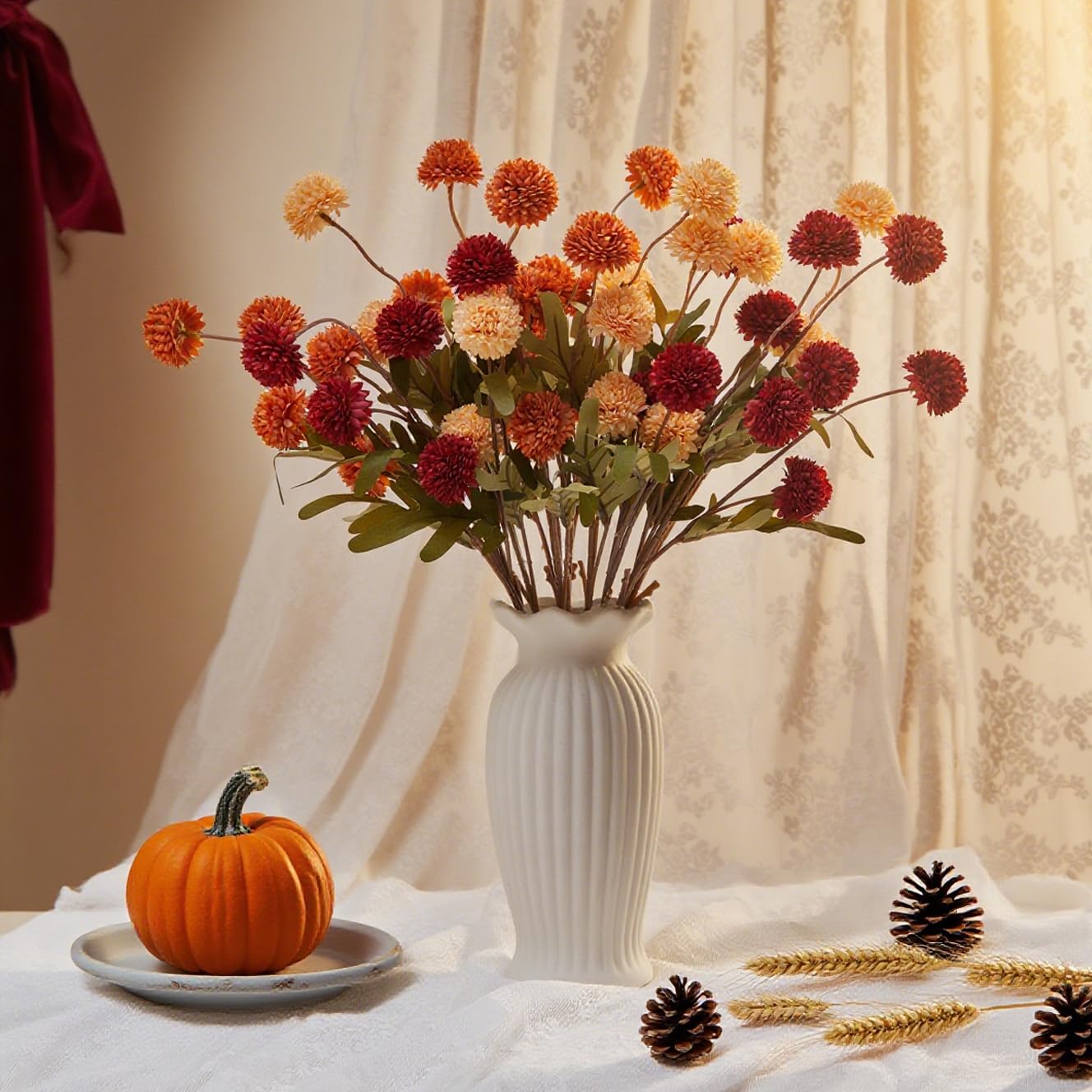Künstliche Herbstblumenstiele, orangefarbene Blume, künstliche Herbststiele, künstliche Mütter, Herbstzweige, Mini-Blumenkugeln, Kunststiele für Vasen, Tischdekoration (sortiert)