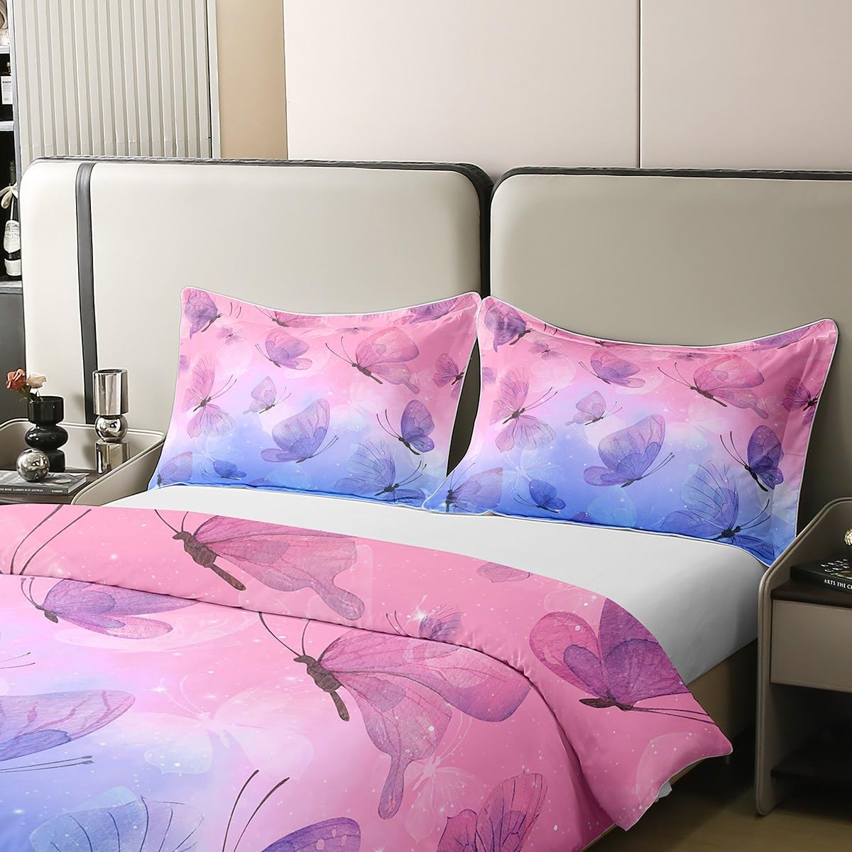 Set di biancheria da letto per bambine con copripiumino e 2 federe, 100% cotone, con stampa di farfalle, colore blu e viola